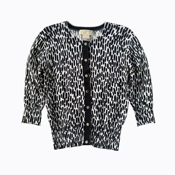 Michael Kors BxW Cardigan SzPS Button-Up 3/4 Sleeve Cotton Abstract Animal Print - Picture 1 of 6